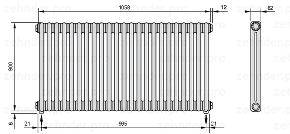 Схема (чертеж) Радиатор Zehnder Charleston 2090/23 №3570 Белый глянцевый RAL 9016